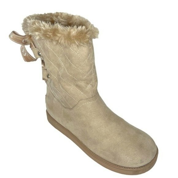 Guess Allyse Sand Logo Bow Suede Faux Fur Mid Calf Winter Boots Size 9M - Picture 2 of 16
